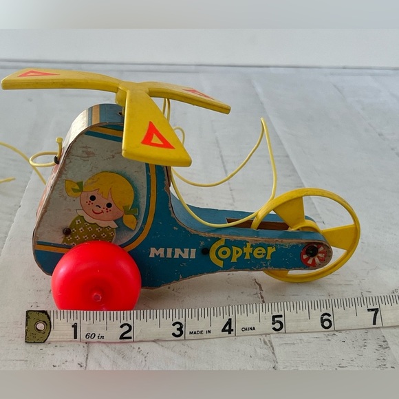 Vintage MINI-COPTER WHIRLYBIRD Fisher Price #448 Helicopter Wooden Pull Toy 1970 - Picture 7 of 9